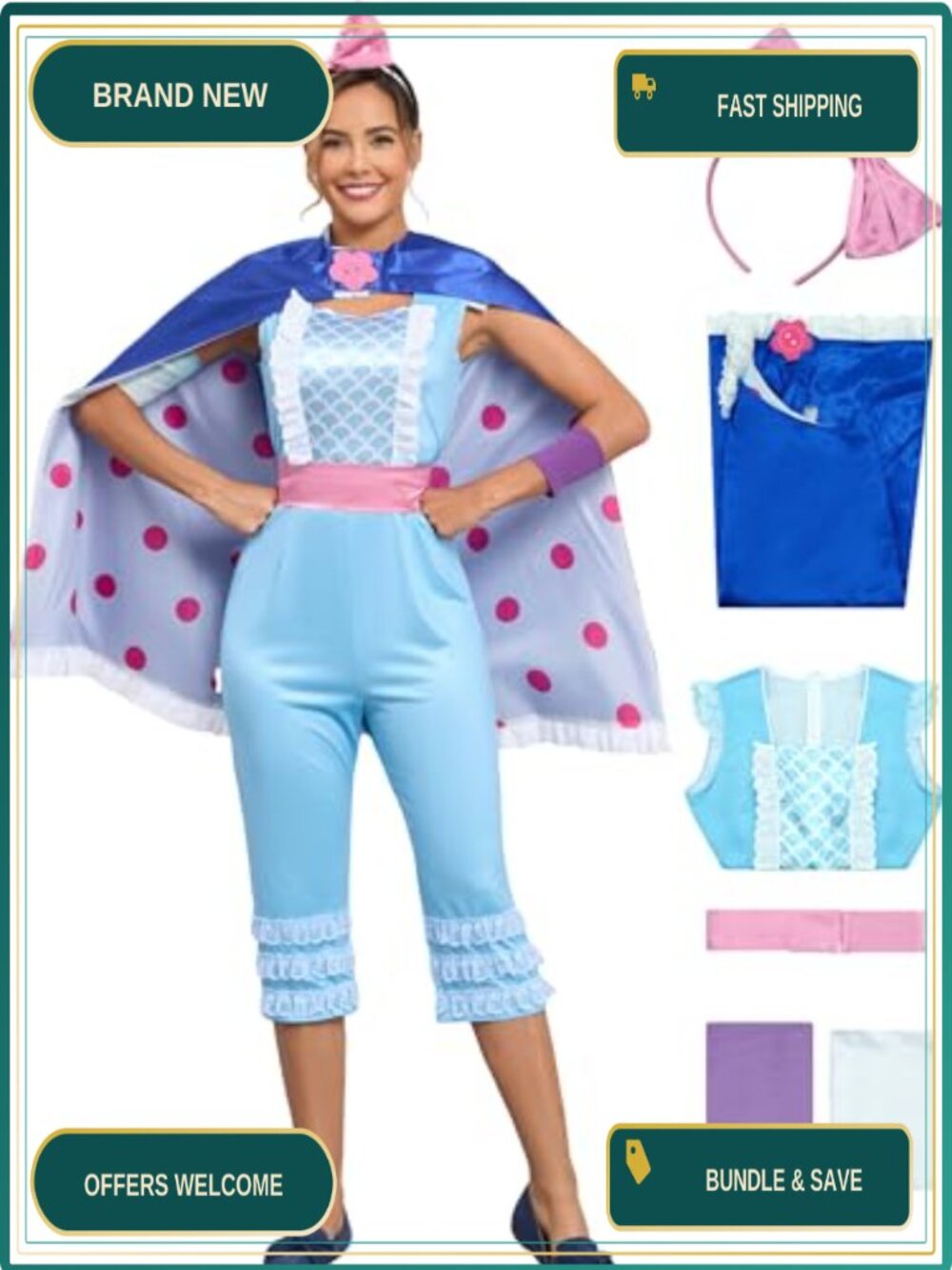 Women Bo Peep Costume Jumpsuit Cape Cosplay Halloween Fancy Dress